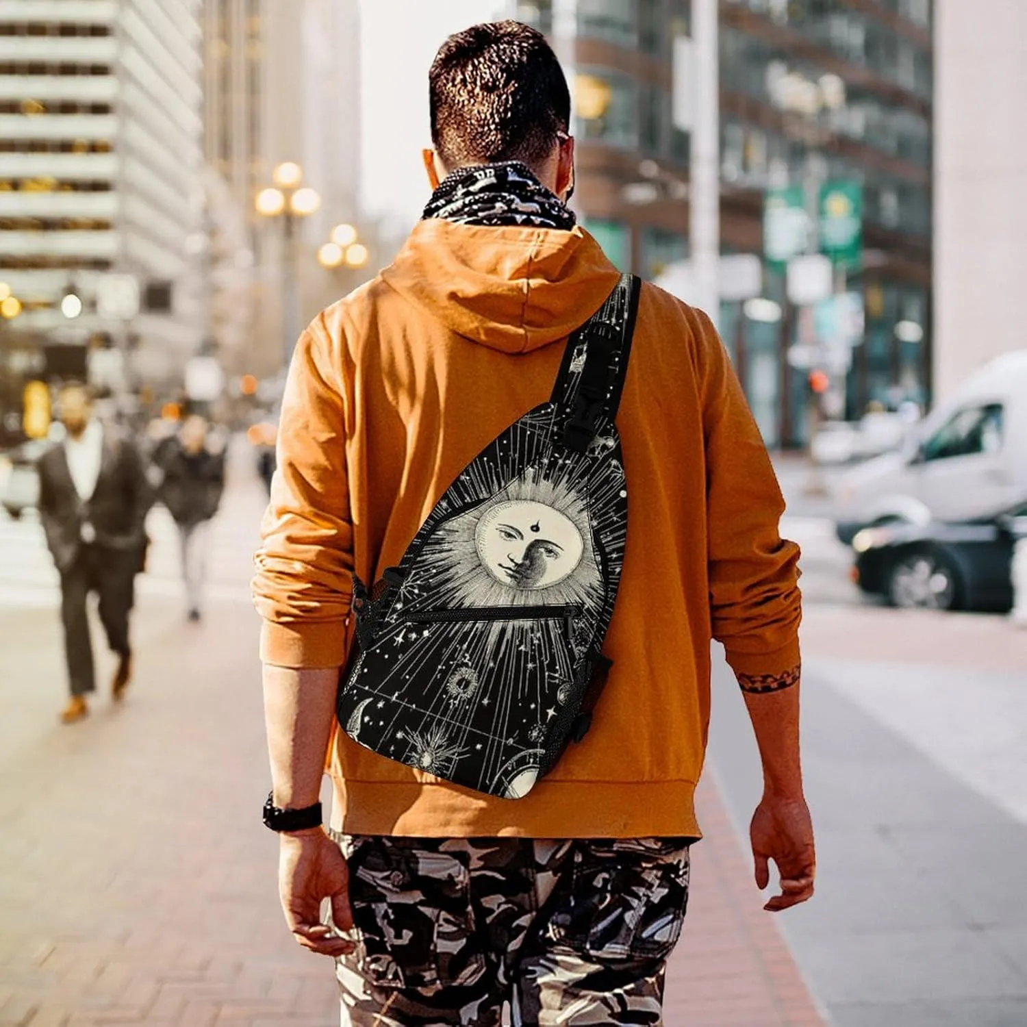 Men Women Sling Shoulder Backpack Foldable Unbalance Shoulder Chest Crossbody Bag - Vintage Sun And Moon Star Trail Art Anti-Theft Multipurpose Rucksack Bookbag Backpack