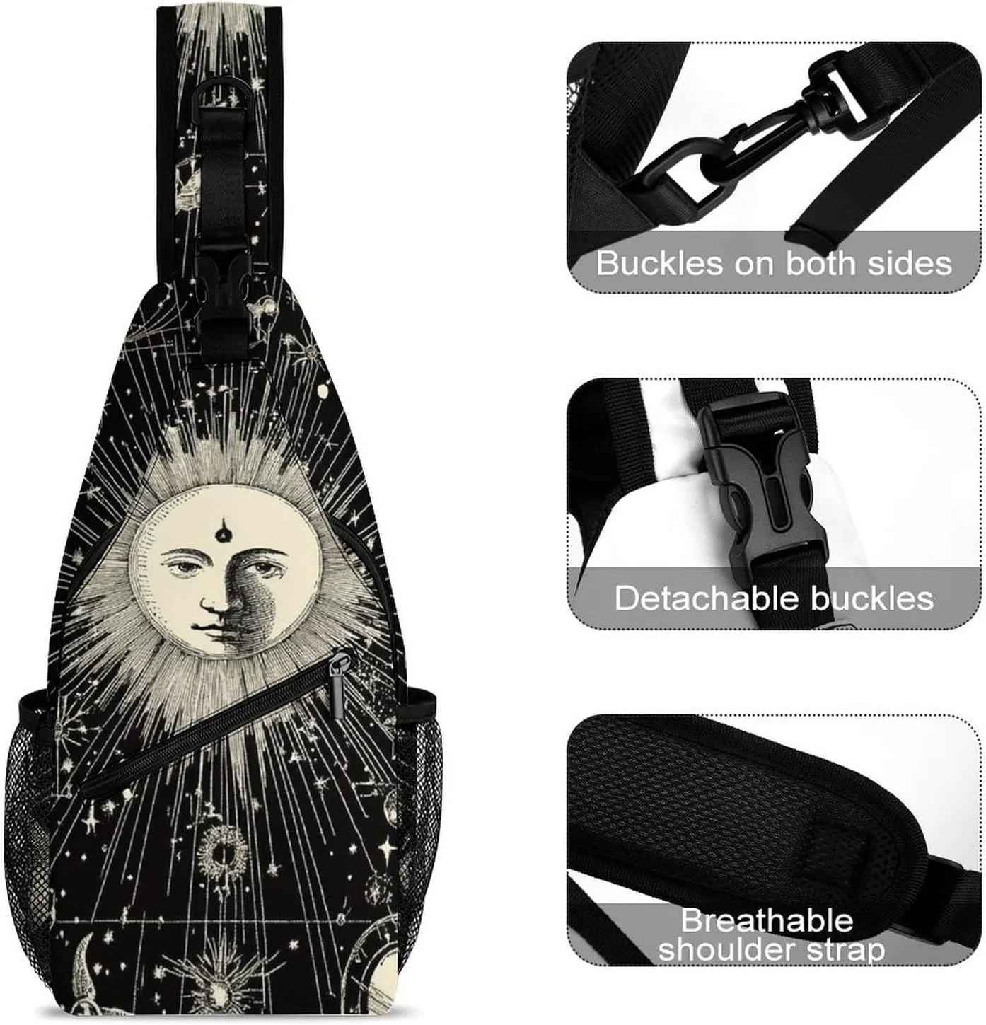 Men Women Sling Shoulder Backpack Foldable Unbalance Shoulder Chest Crossbody Bag - Vintage Sun And Moon Star Trail Art Anti-Theft Multipurpose Rucksack Bookbag Backpack