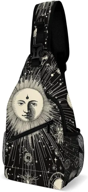 Men Women Sling Shoulder Backpack Foldable Unbalance Shoulder Chest Crossbody Bag - Vintage Sun And Moon Star Trail Art Anti-Theft Multipurpose Rucksack Bookbag Backpack