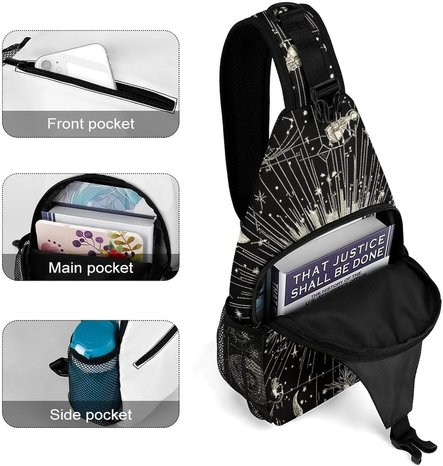Men Women Sling Shoulder Backpack Foldable Unbalance Shoulder Chest Crossbody Bag - Vintage Sun And Moon Star Trail Art Anti-Theft Multipurpose Rucksack Bookbag Backpack