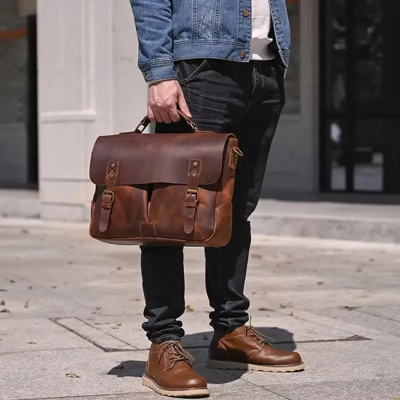 Men's Vintage Briefcase Cowhide Shoulder Bag Laptop Bag Office Workplace