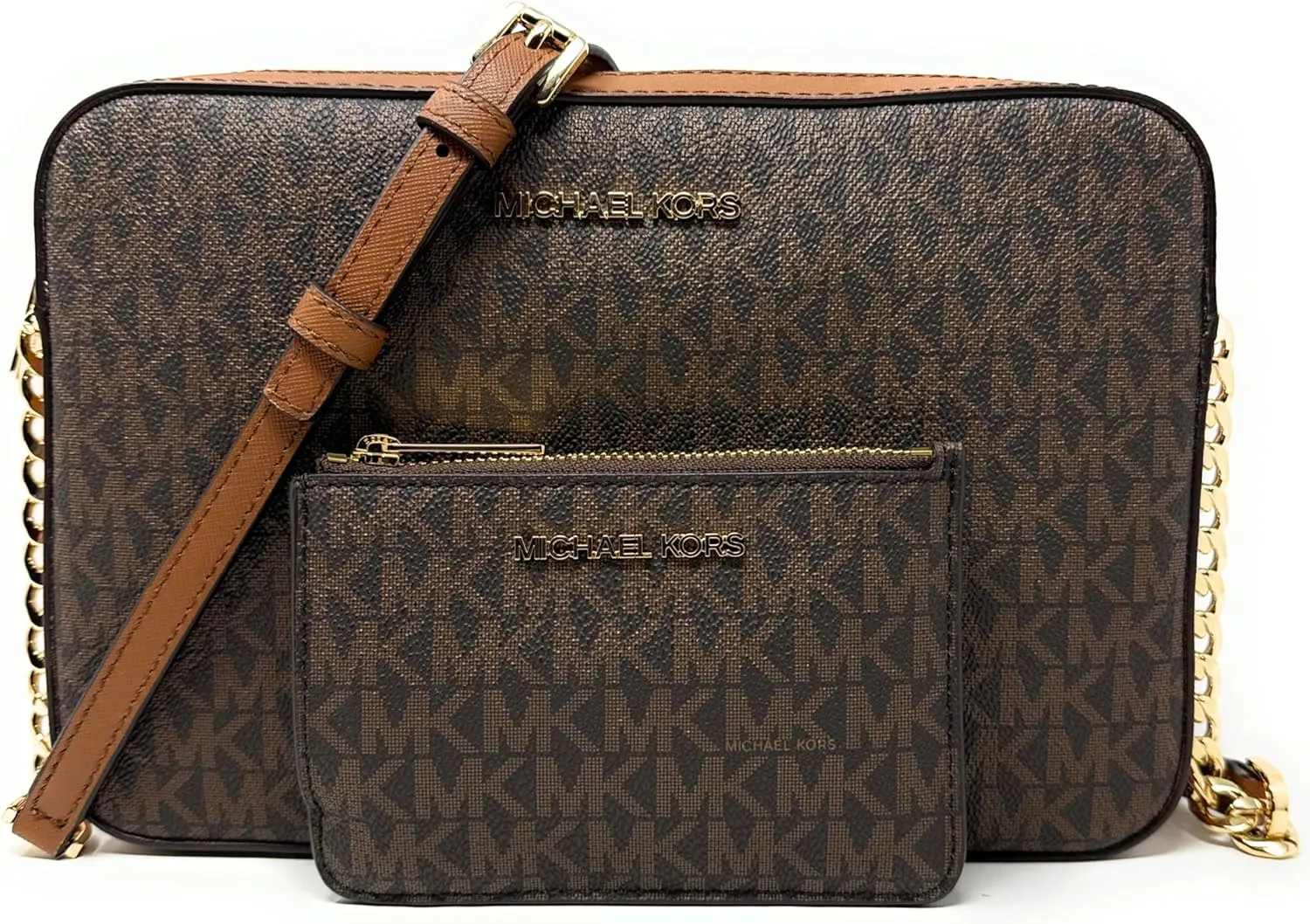 Michael Kors Jet Set Large Printed Logo Crossbody Bag With Matching Logo Coin Pouch (Brown)