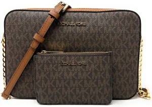 Michael Kors Jet Set Large Printed Logo Crossbody Bag With Matching Logo Coin Pouch (Brown)
