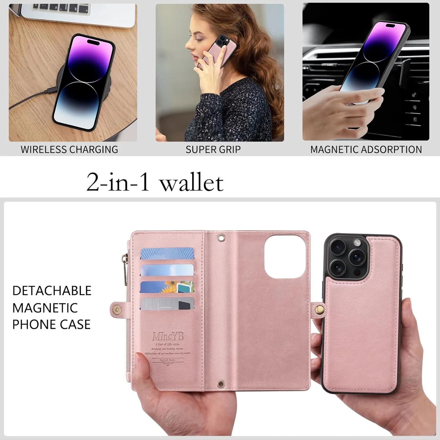 MInCYB for iPhone 14 Pro Max Wallet Case with Card Holder (12 Card Slots) - PU Leather Case for Women & Men, Wireless Charging, Detachable Magnetic, Crossbody Strap, Shockproof Protective Phone Cover.