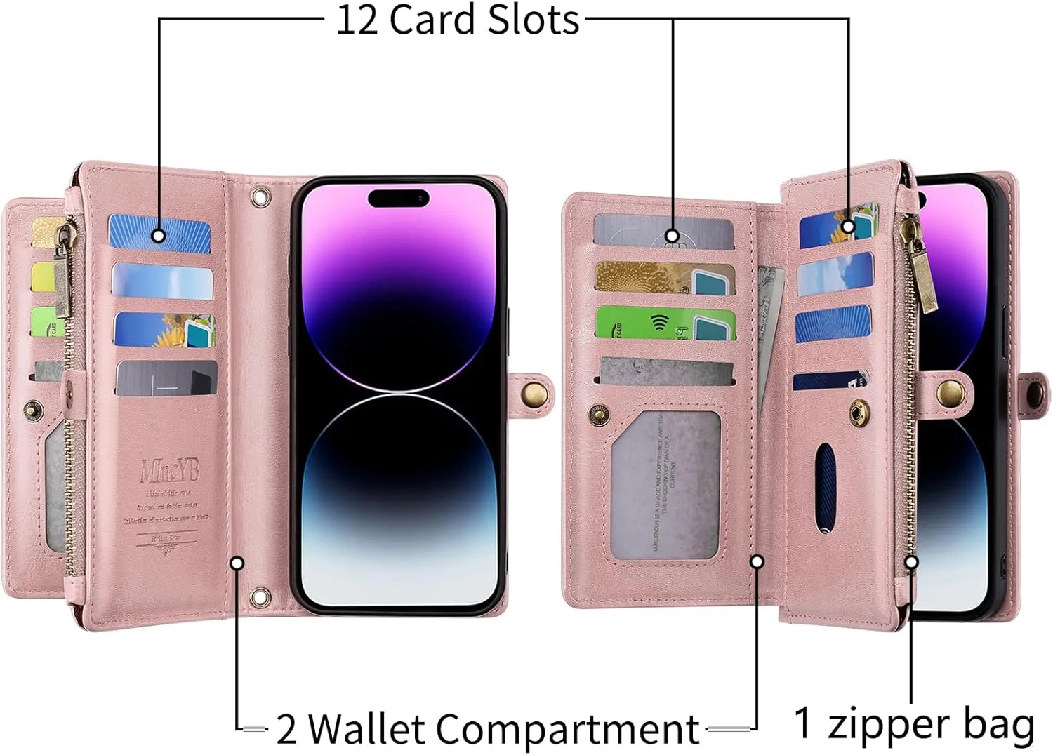 MInCYB for iPhone 14 Pro Max Wallet Case with Card Holder (12 Card Slots) - PU Leather Case for Women & Men, Wireless Charging, Detachable Magnetic, Crossbody Strap, Shockproof Protective Phone Cover.