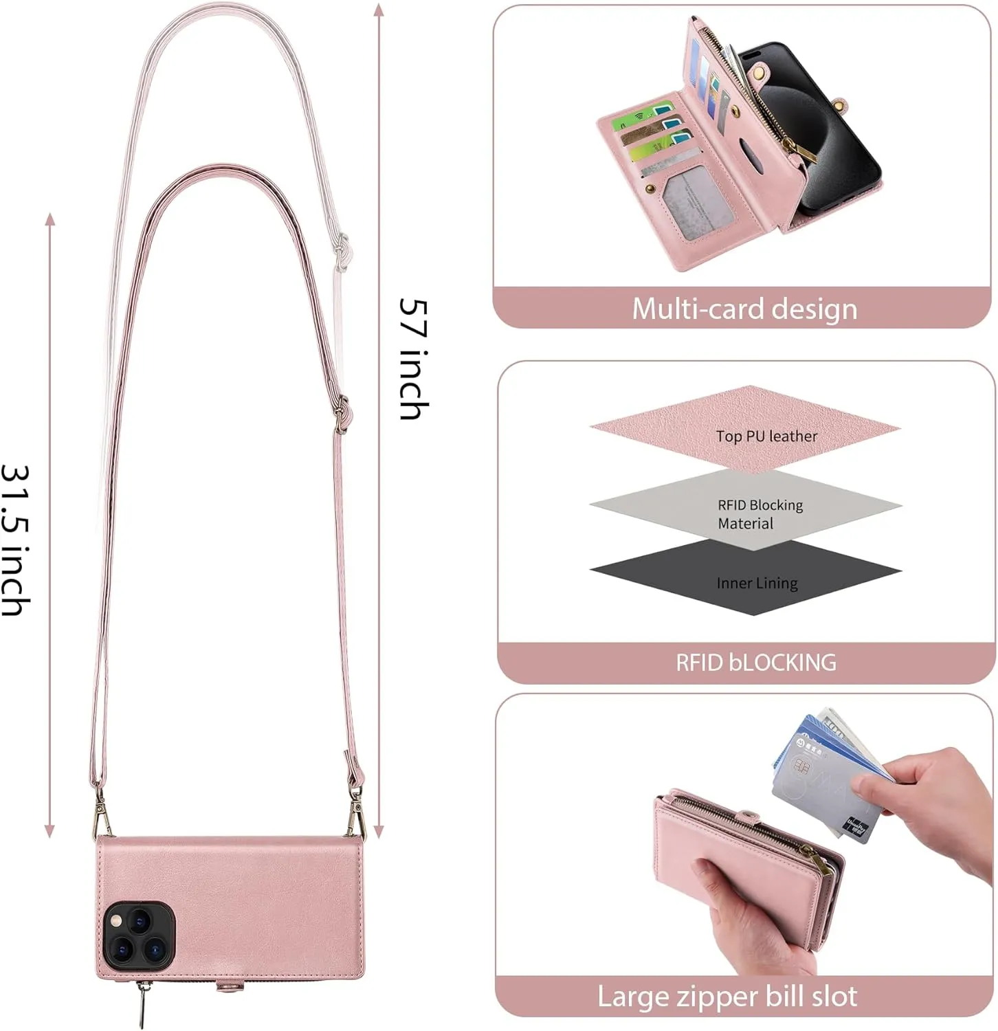 MInCYB for iPhone 14 Pro Max Wallet Case with Card Holder (12 Card Slots) - PU Leather Case for Women & Men, Wireless Charging, Detachable Magnetic, Crossbody Strap, Shockproof Protective Phone Cover.
