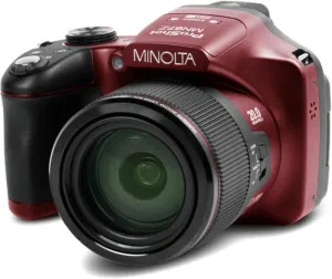 Minolta Pro Shot 20MP Digital Camera – 67x Optical Zoom, Full 1080p HD Video, Optical Image Stabilization, Wi-Fi, 3-inch Articulating LCD Screen, 27 Scene Modes – Includes 16GB SD Card (Red)