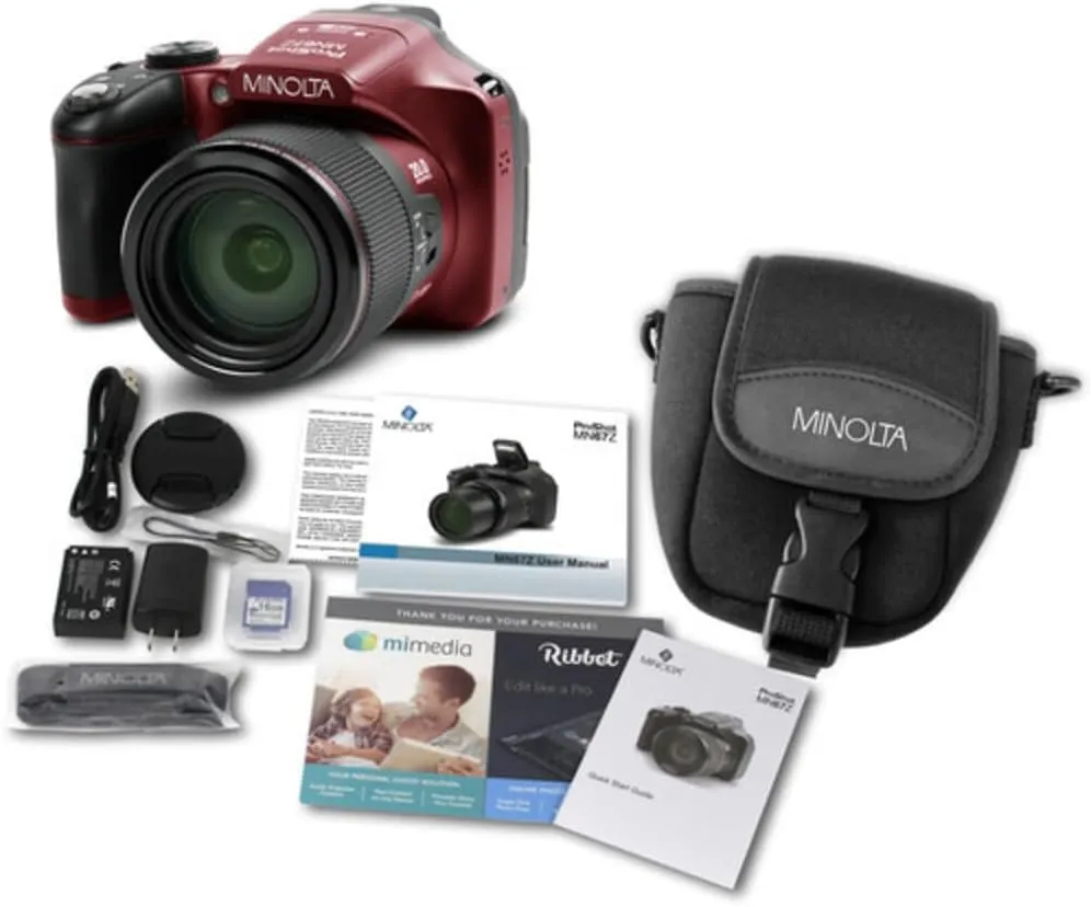 Minolta Pro Shot 20MP Digital Camera – 67x Optical Zoom, Full 1080p HD Video, Optical Image Stabilization, Wi-Fi, 3-inch Articulating LCD Screen, 27 Scene Modes – Includes 16GB SD Card (Red)