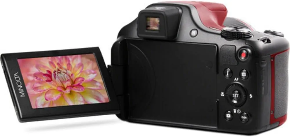 Minolta Pro Shot 20MP Digital Camera – 67x Optical Zoom, Full 1080p HD Video, Optical Image Stabilization, Wi-Fi, 3-inch Articulating LCD Screen, 27 Scene Modes – Includes 16GB SD Card (Red)