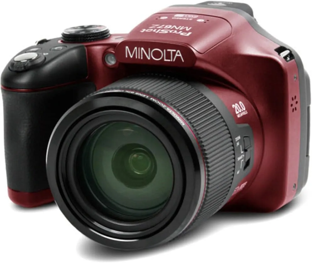 Minolta Pro Shot 20MP Digital Camera – 67x Optical Zoom, Full 1080p HD Video, Optical Image Stabilization, Wi-Fi, 3-inch Articulating LCD Screen, 27 Scene Modes – Includes 16GB SD Card (Red)