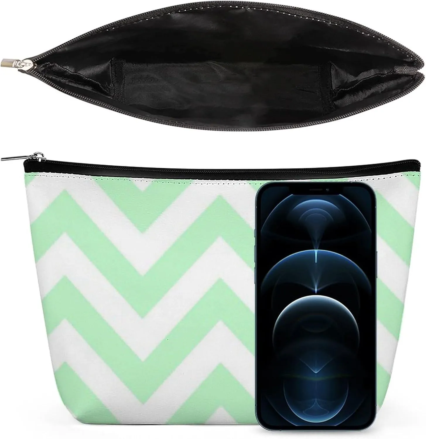 Mint White Large Chevron Zigzag Pattern Cosmetic Bag, Travel Portable Makeup Bag for Purse Pouch Beauty Zipper Organizer Toiletry Bag for Women