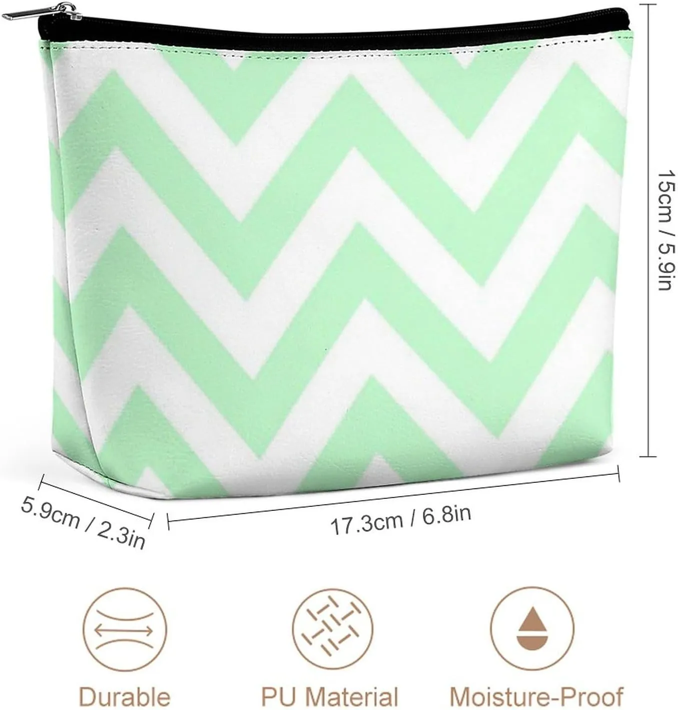Mint White Large Chevron Zigzag Pattern Cosmetic Bag, Travel Portable Makeup Bag for Purse Pouch Beauty Zipper Organizer Toiletry Bag for Women