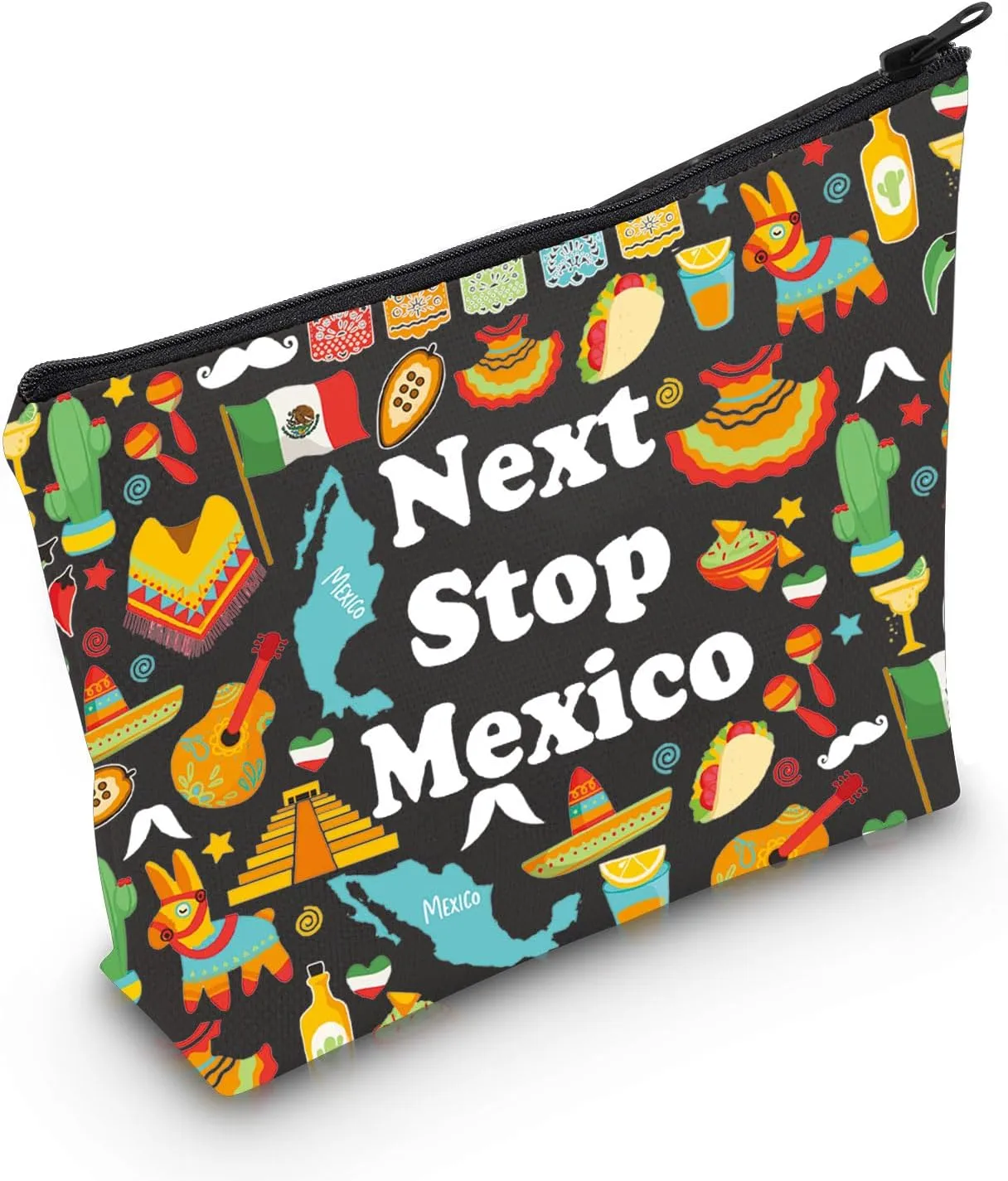 MNIGIU Mexico Symbols Souvenir Cosmetic Bag Mexico Vacation Gift Mexico Trip Makeup Bag Mexico Lover Gift North America Travel Gift (Mexico Bag Black)