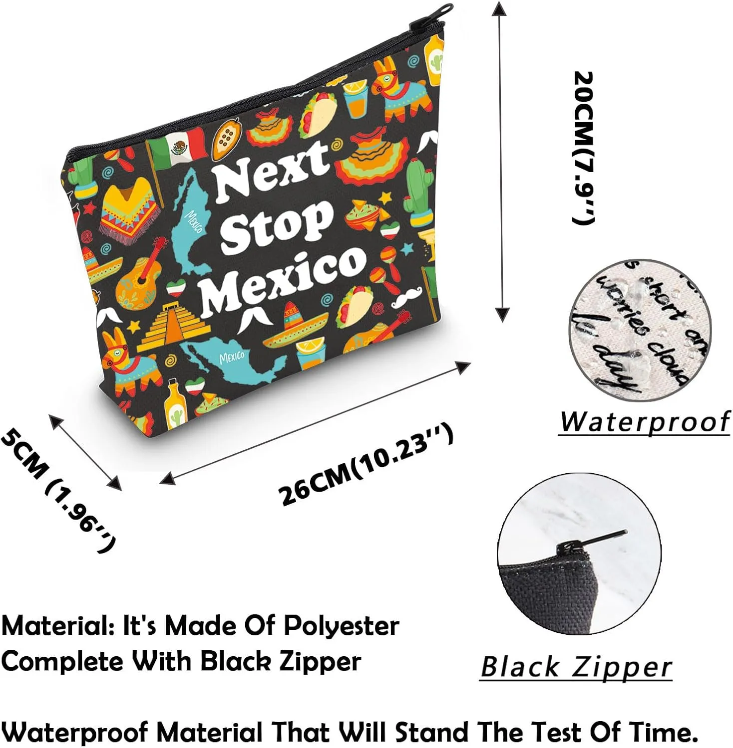 MNIGIU Mexico Symbols Souvenir Cosmetic Bag Mexico Vacation Gift Mexico Trip Makeup Bag Mexico Lover Gift North America Travel Gift (Mexico Bag Black)