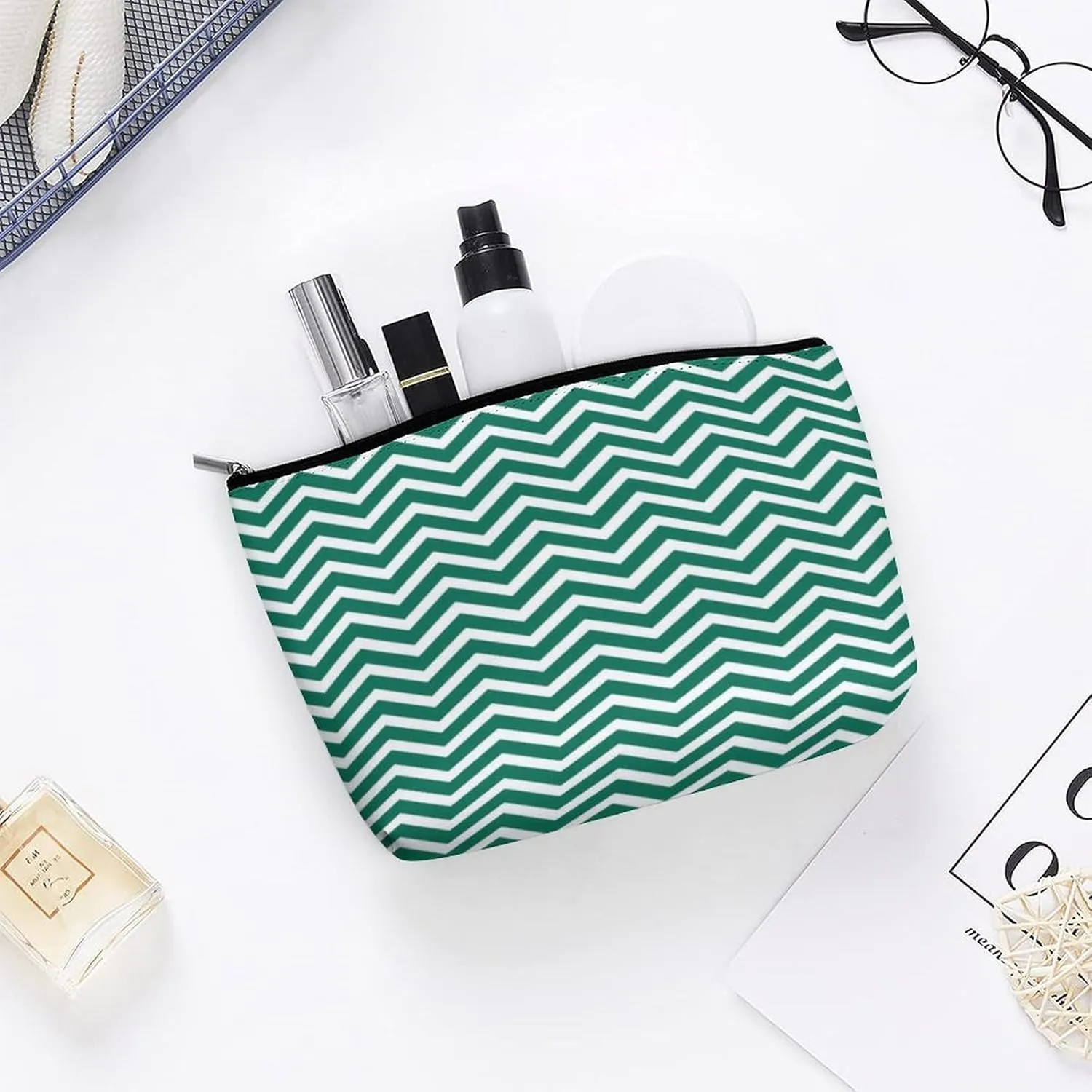 Modern Green Chevrons Cosmetic Bag, Travel Portable Makeup Bag for Purse Pouch Beauty Zipper Organizer Toiletry Bag for Women