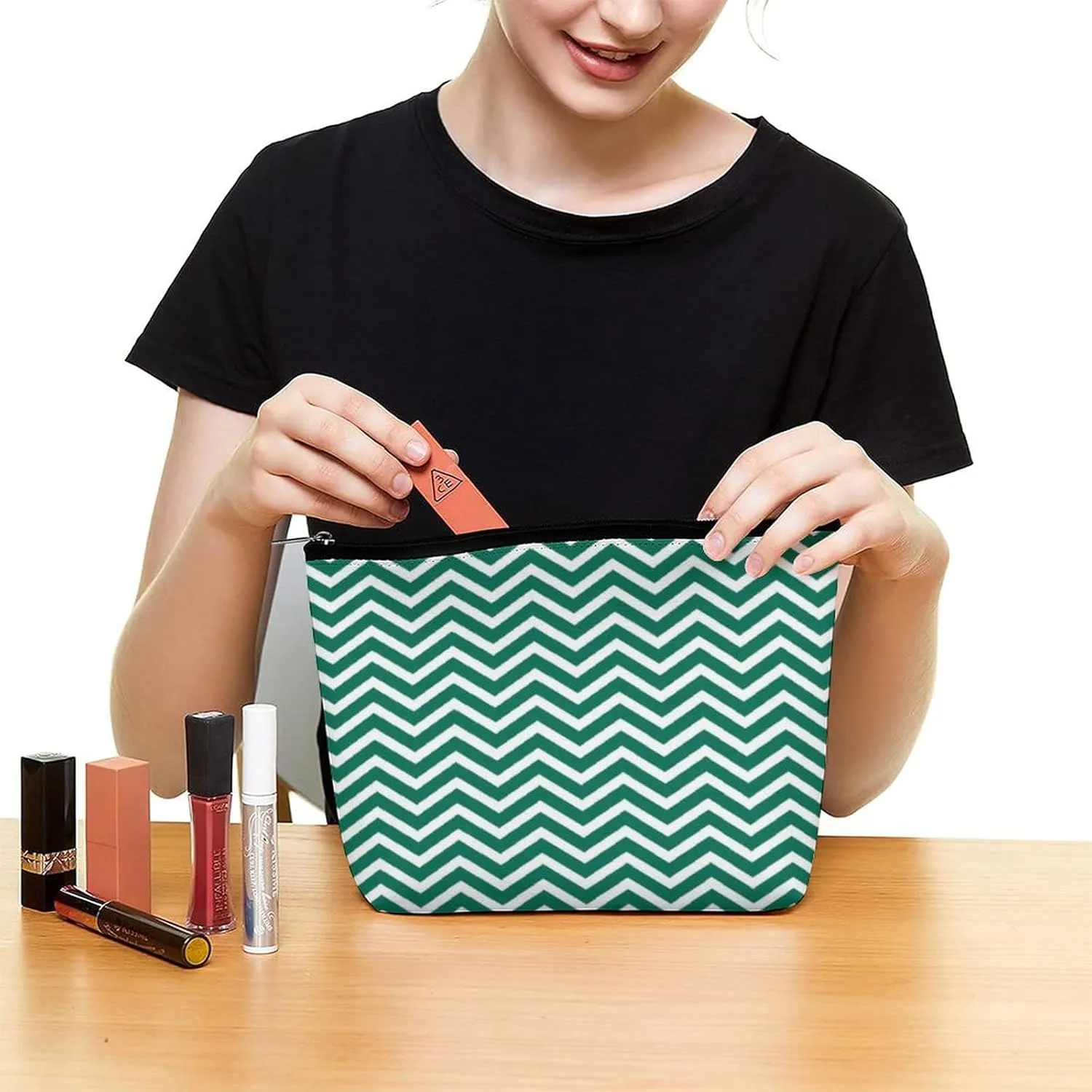 Modern Green Chevrons Cosmetic Bag, Travel Portable Makeup Bag for Purse Pouch Beauty Zipper Organizer Toiletry Bag for Women