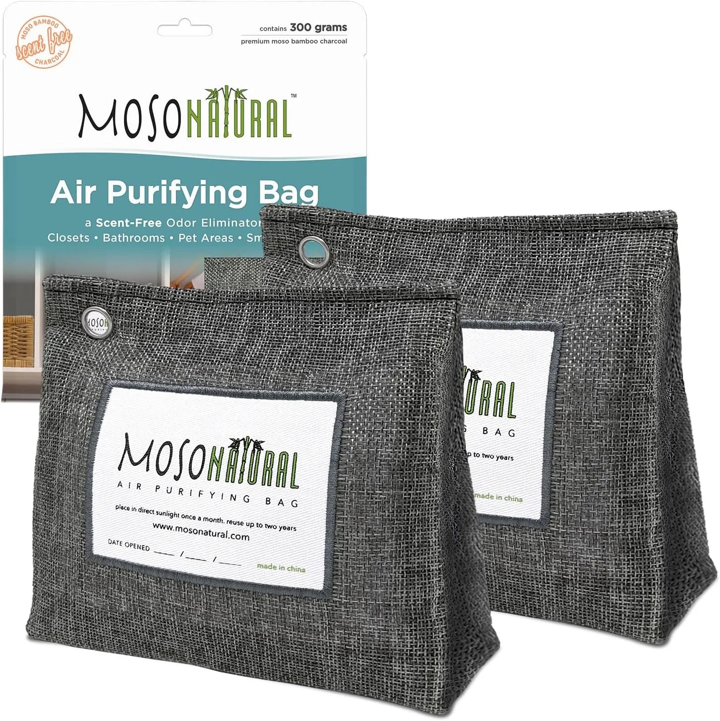 Moso Natural Air Purifying Bag 300g (10.58oz) Premium Bamboo Charcoal Odor Absorber for Home & Pet | Closet Odor Eliminator & Small Room Deodorizer | Charcoal Bags Last 2 Years | Unscented (2 Pack)
