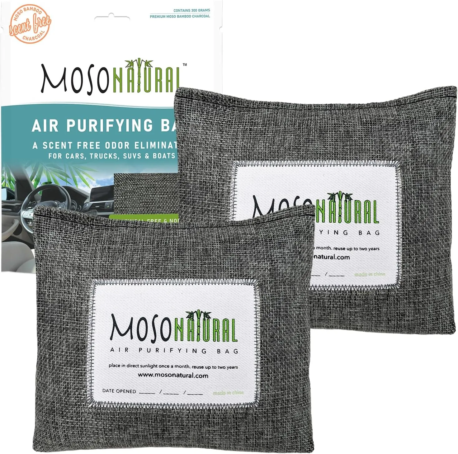 Moso Natural Car Air Freshener and Deodorizer (2 Pack) | Long Lasting Bamboo Charcoal Odor Absorber | Non Toxic Odor Eliminator for Cars | Scent Free Air Purifying Bag