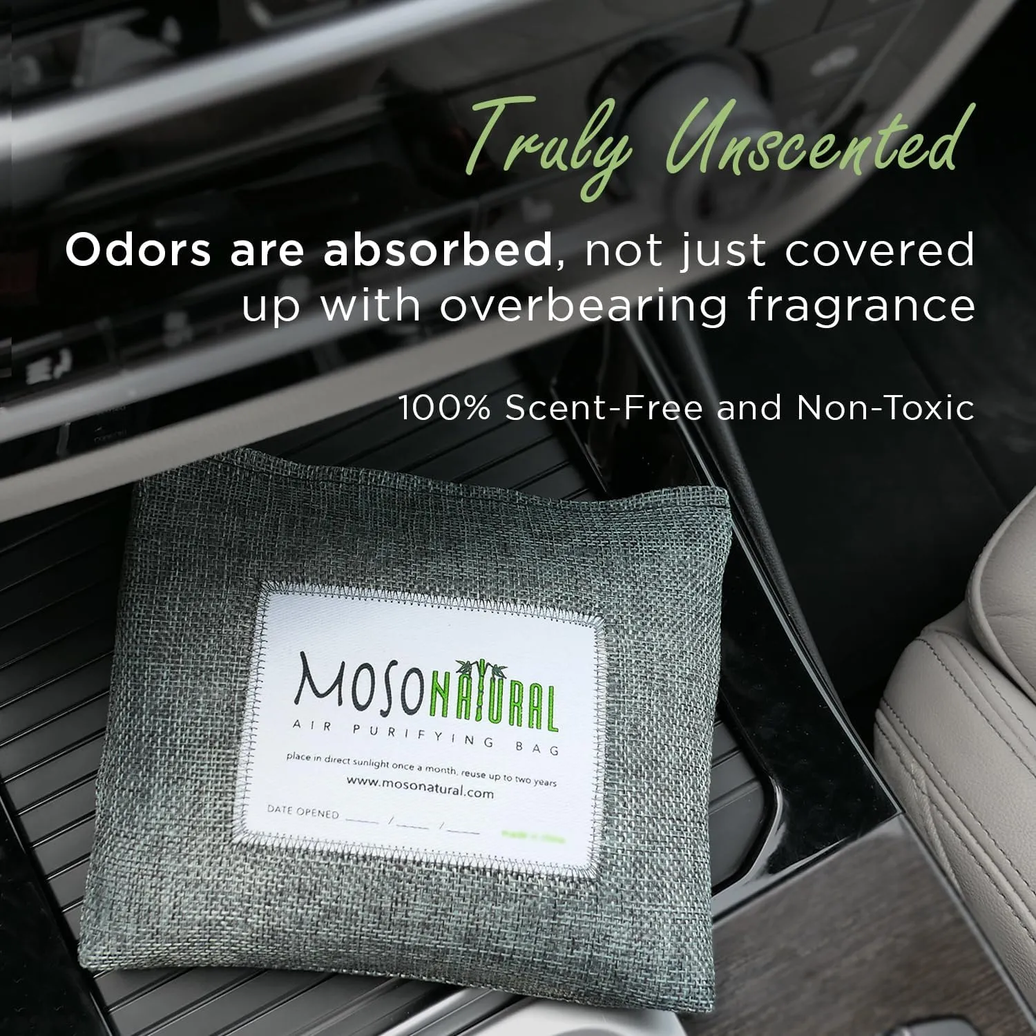 Moso Natural Car Air Freshener and Deodorizer (2 Pack) | Long Lasting Bamboo Charcoal Odor Absorber | Non Toxic Odor Eliminator for Cars | Scent Free Air Purifying Bag