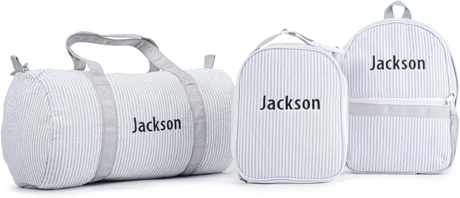 MT WORLD Daycare Backpacks Set,Personalized Seersucker Backpacks with Lunch boxes and Travel Duffel Bag, Seersucker Travel Daypack with Lunch Bag and Overnight Bag,Custom Overnight Daycare Bag Set