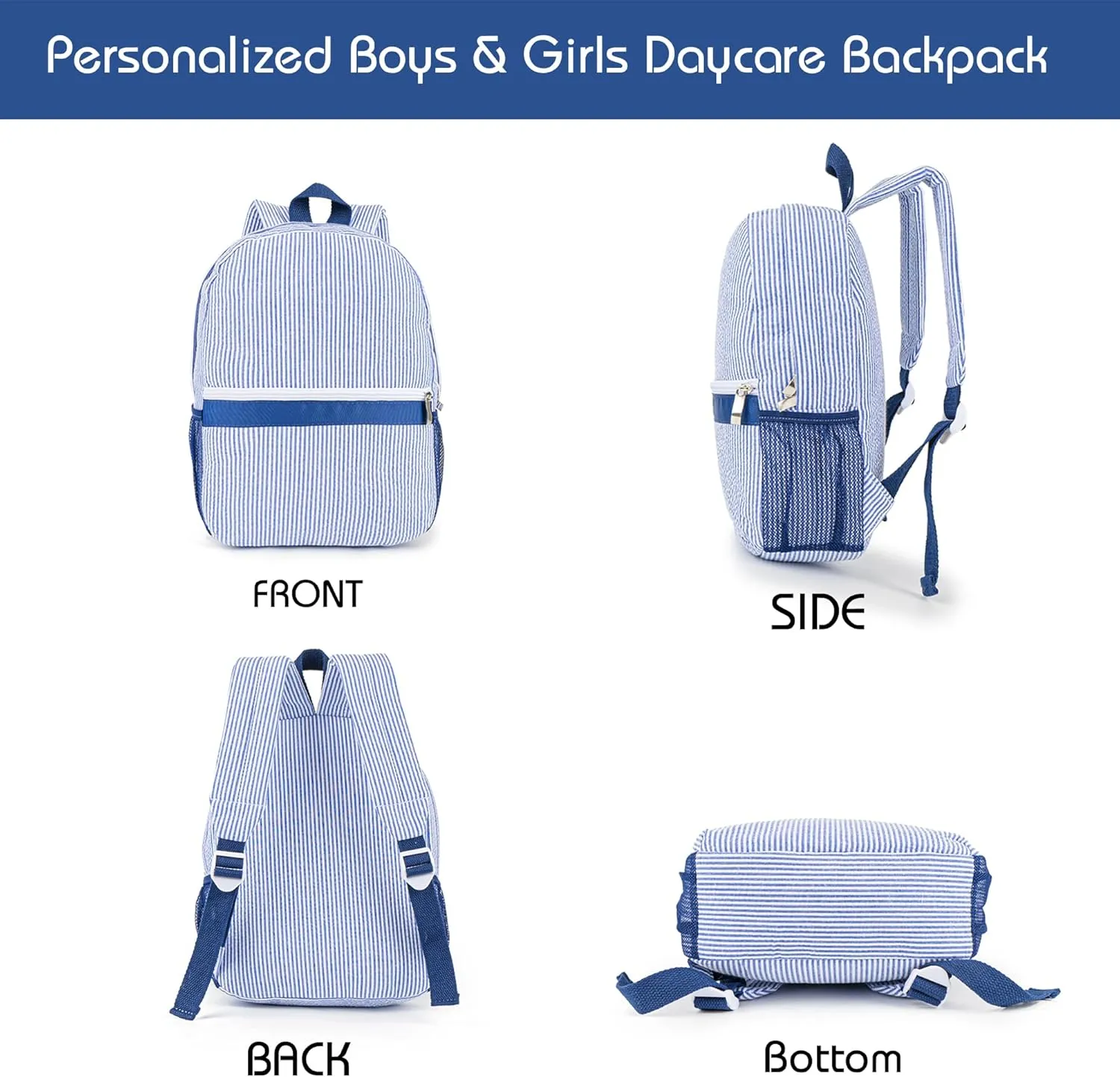 MT WORLD Toddler Backpack Personalized Daycare Backpack for Boys 5-8 Seersucker Kids Backpack Preppy Elementary Packpacks Kids Bookbags for Daily School Birthday Gifts (Blue)