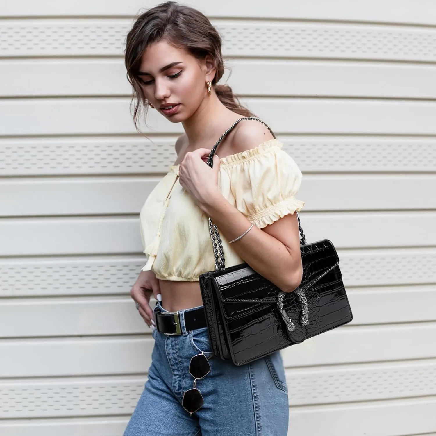 MYHOZEE Crossbody Bags for Women - Snake Printed Clutch Purses Leather Chain Shoulder Bags Evening Handbags