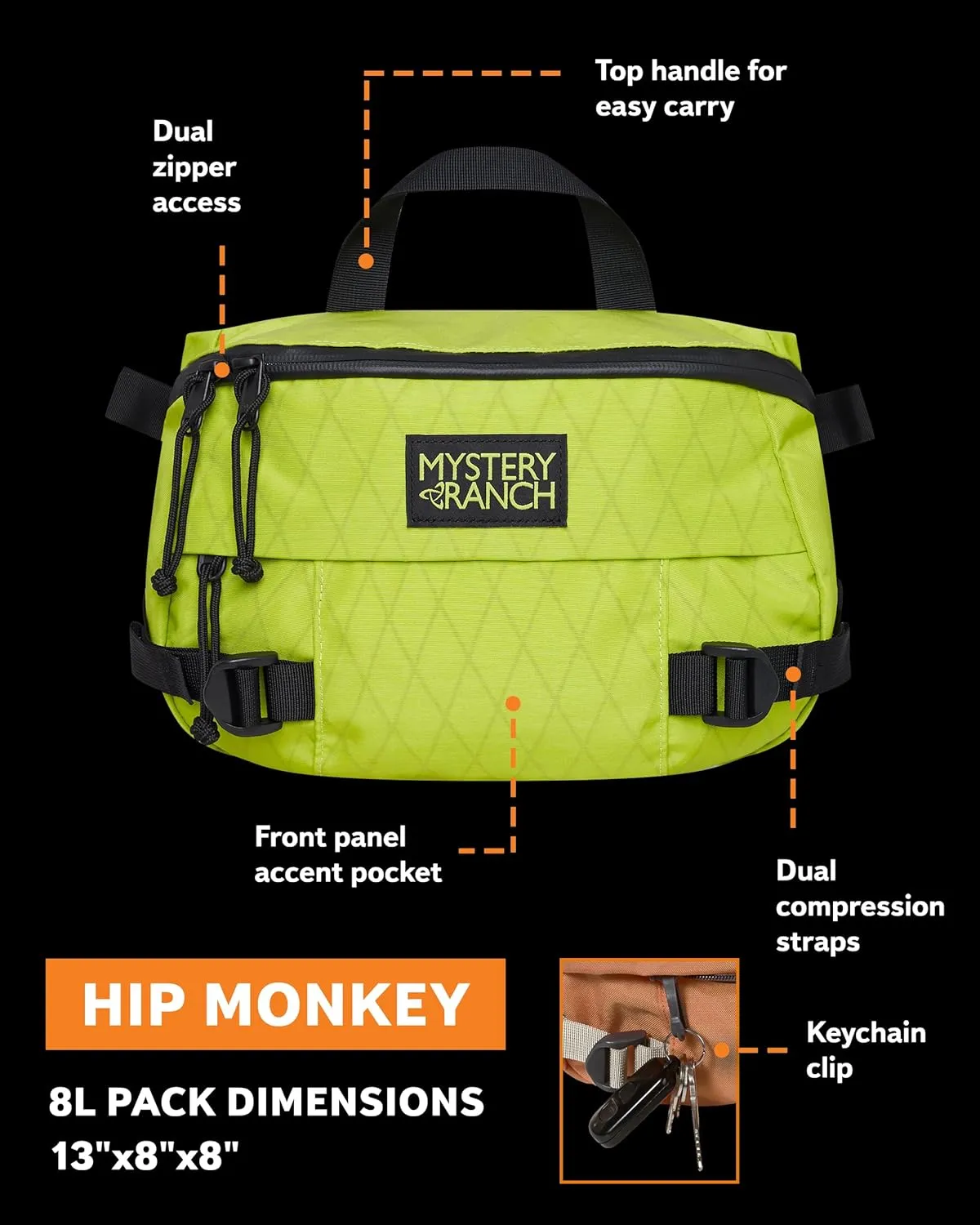 Mystery Ranch Hip Monkey Fanny Pack - Adjustable Hip or Shoulder Bag Perfect for Travel, Hiking & Everyday Carry - 8L, Limeade