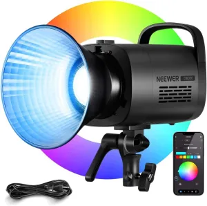 NEEWER CB100C 130w RGB LED Video Light, APP/2.4G Control 360° Full Color 2700K-6500K 27000lux/m COB Bowens Mount Silent Continuous Output Lighting TLCI/CRI97  17 Scenes for Video Recording Photography