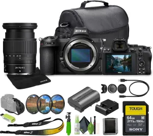 Nikon Z5 Mirrorless Full Frame Camera with 24-70mm f/4 Lens Kit   Memory Card Wallet   64GB SF-M Tough Series Memory Card   Hand Strap   3 Piece Filter Kit   12 Inch Flex Tripod   More (Renewed)