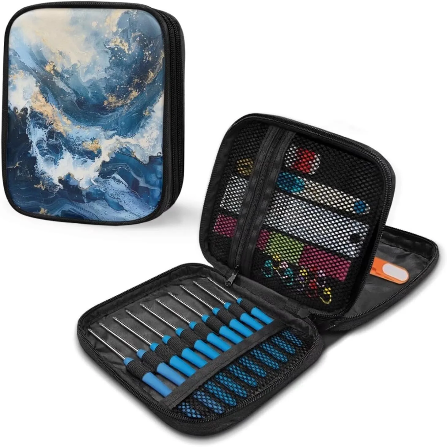 Noprintge Blue Marble Print Crochet Hook Organizer Case, Square Knitting Needle Storage Bag, Travel Organizer Bag for Crochet Hook and Knitting Accessories (No Accessories Included)