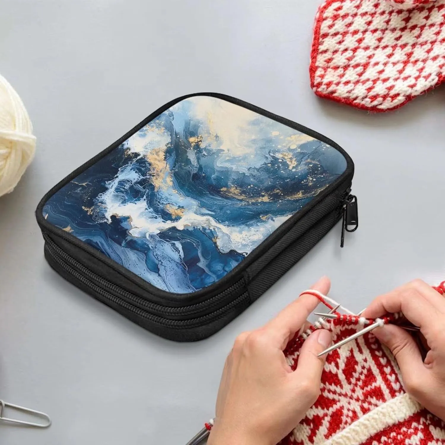 Noprintge Blue Marble Print Crochet Hook Organizer Case, Square Knitting Needle Storage Bag, Travel Organizer Bag for Crochet Hook and Knitting Accessories (No Accessories Included)