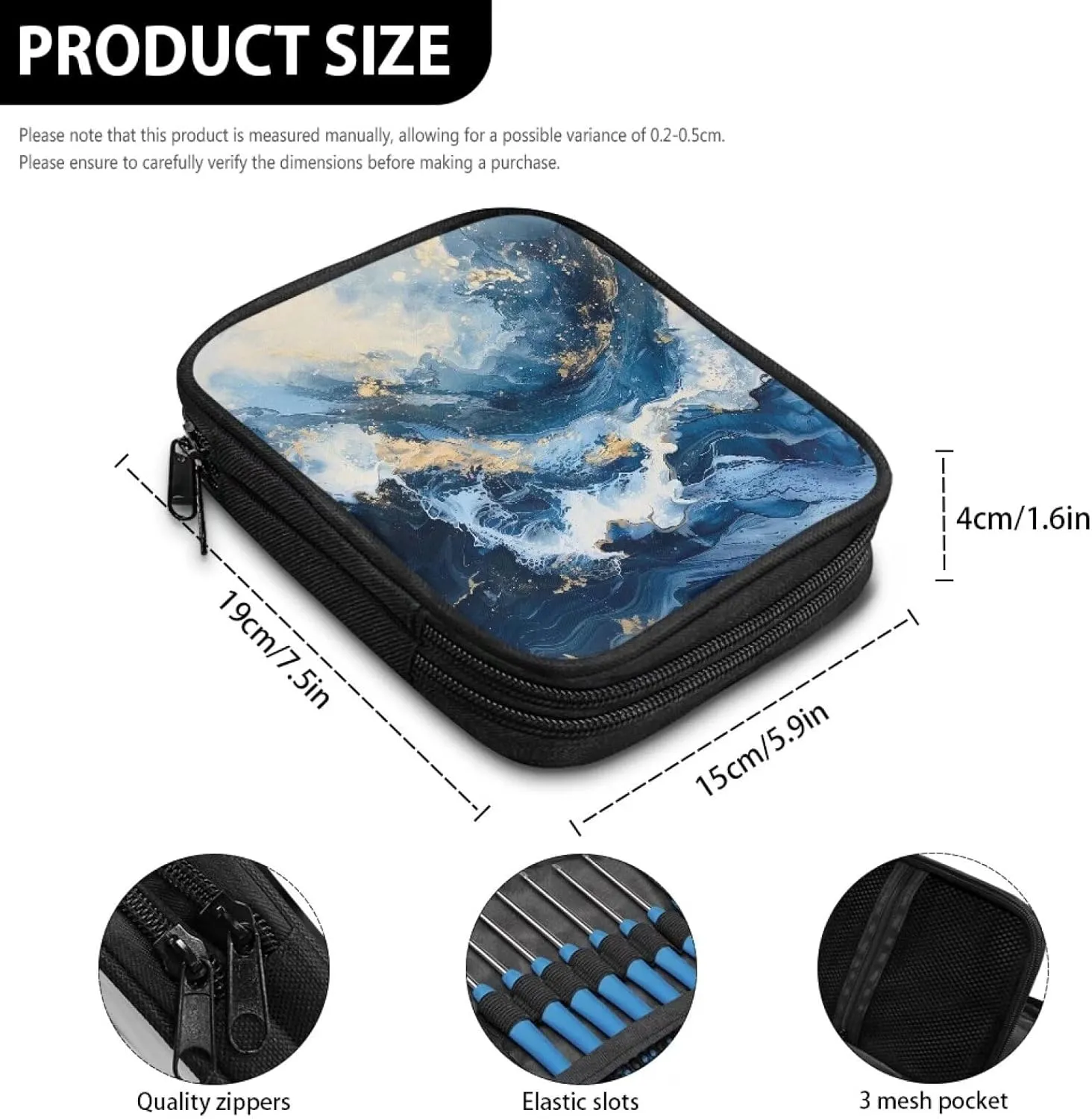 Noprintge Blue Marble Print Crochet Hook Organizer Case, Square Knitting Needle Storage Bag, Travel Organizer Bag for Crochet Hook and Knitting Accessories (No Accessories Included)