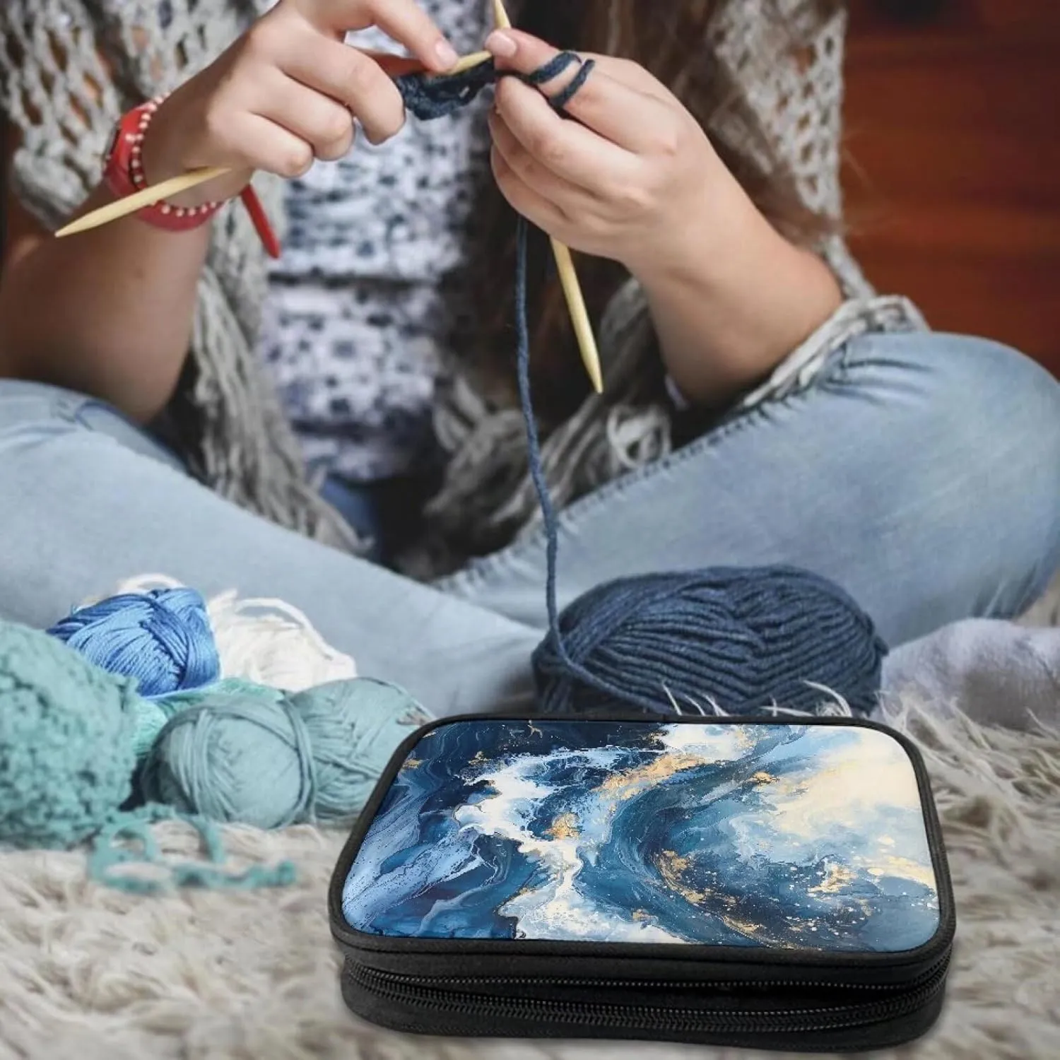 Noprintge Blue Marble Print Crochet Hook Organizer Case, Square Knitting Needle Storage Bag, Travel Organizer Bag for Crochet Hook and Knitting Accessories (No Accessories Included)