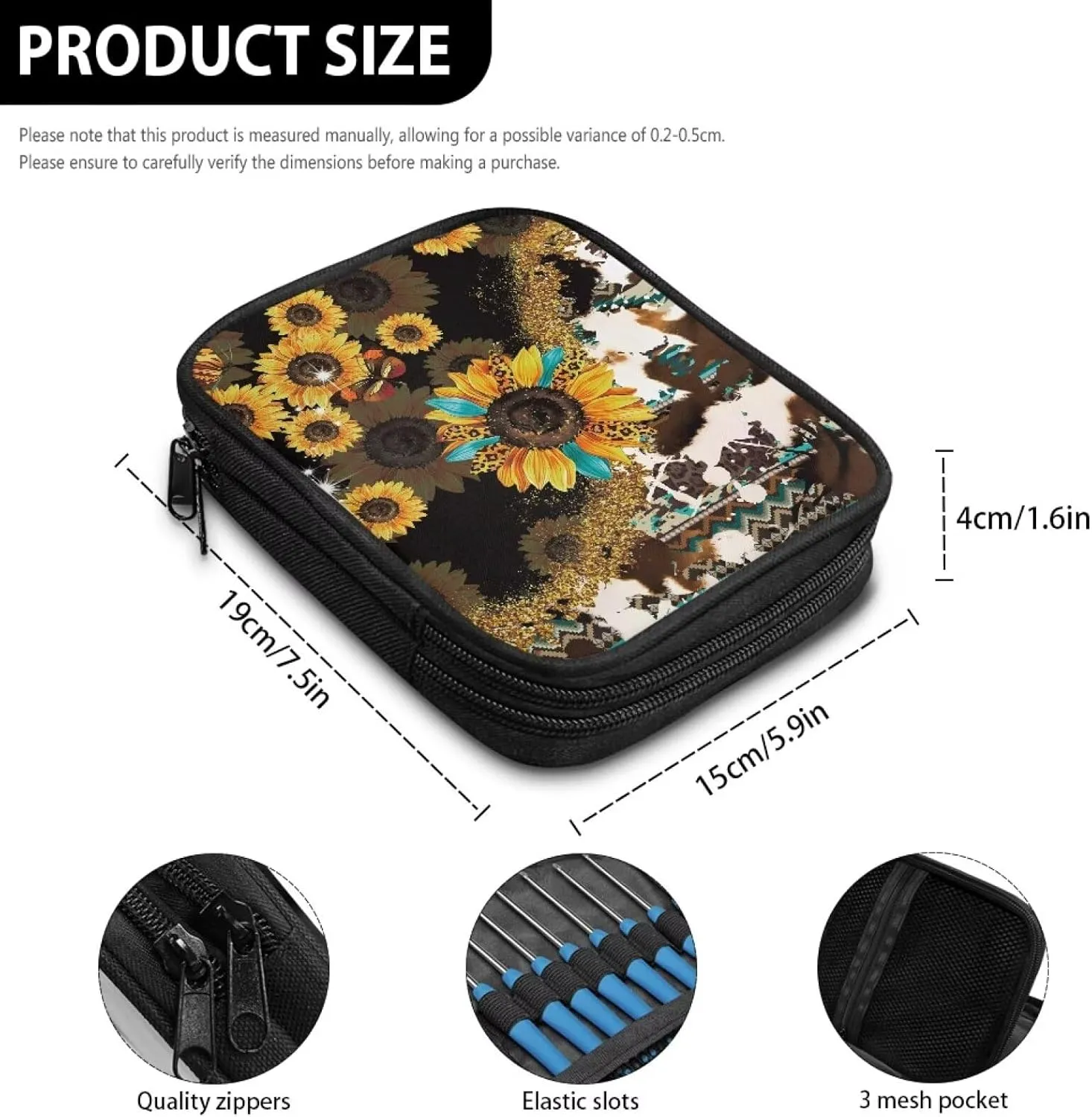 Noprintge Crochet Hook Organizer Empty, Sunflowers Tribal Cowhide Leopard Print Travel Crochet Needle Case, Portable Storage Zipper Bag for Crochet Needles Knitting Accessories