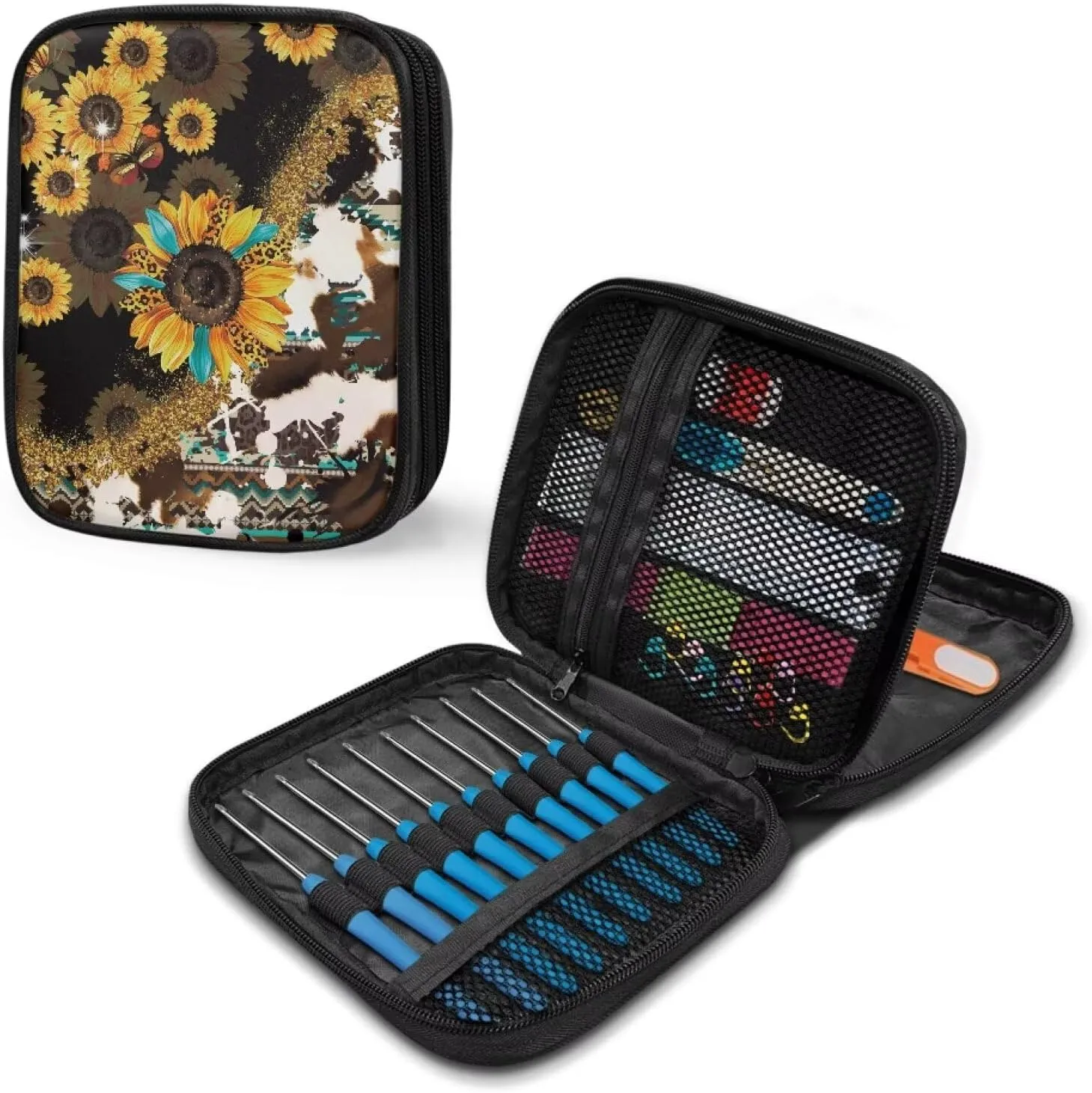Noprintge Crochet Hook Organizer Empty, Sunflowers Tribal Cowhide Leopard Print Travel Crochet Needle Case, Portable Storage Zipper Bag for Crochet Needles Knitting Accessories