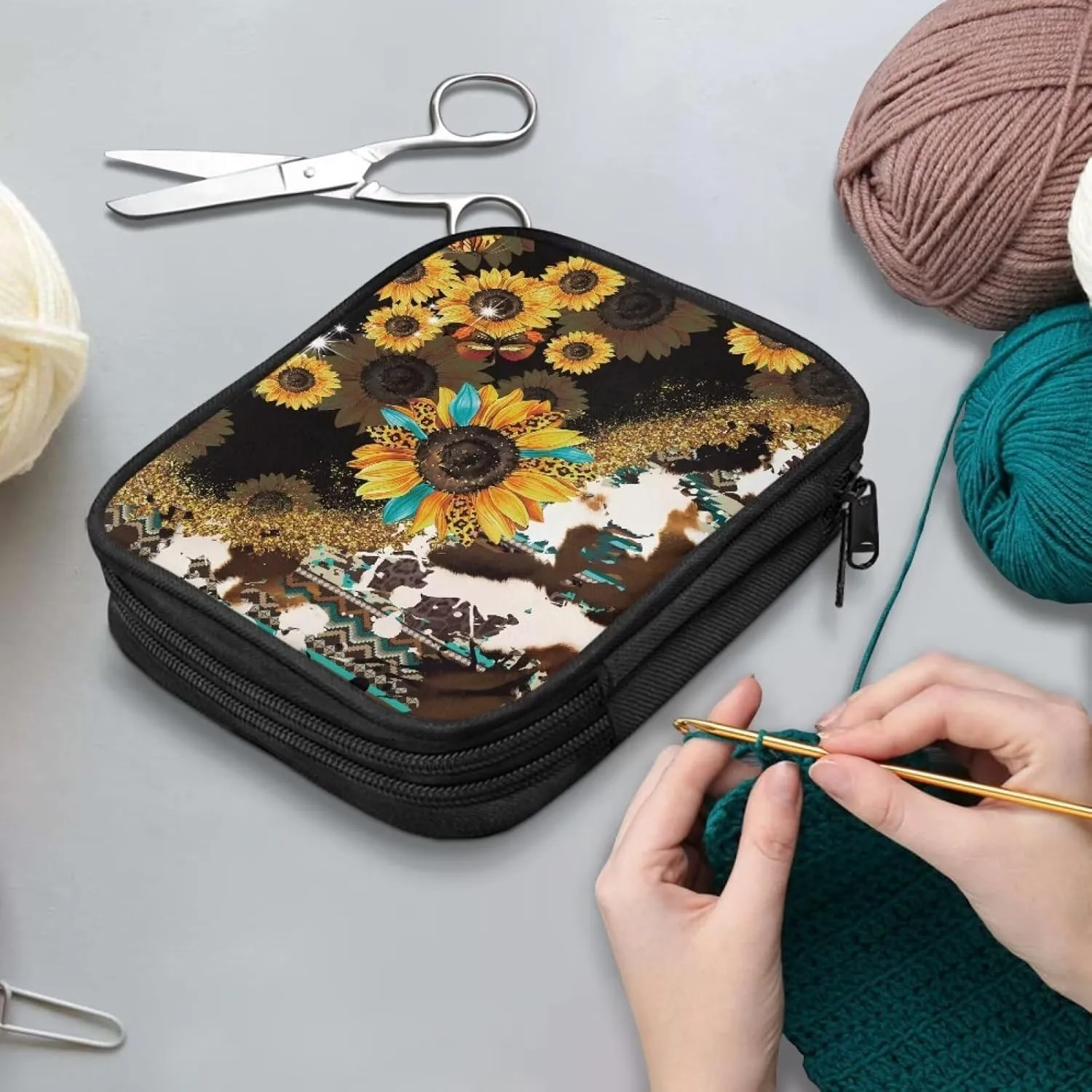 Noprintge Crochet Hook Organizer Empty, Sunflowers Tribal Cowhide Leopard Print Travel Crochet Needle Case, Portable Storage Zipper Bag for Crochet Needles Knitting Accessories