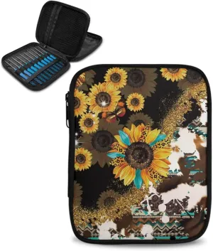 Noprintge Crochet Hook Organizer Empty, Sunflowers Tribal Cowhide Leopard Print Travel Crochet Needle Case, Portable Storage Zipper Bag for Crochet Needles Knitting Accessories