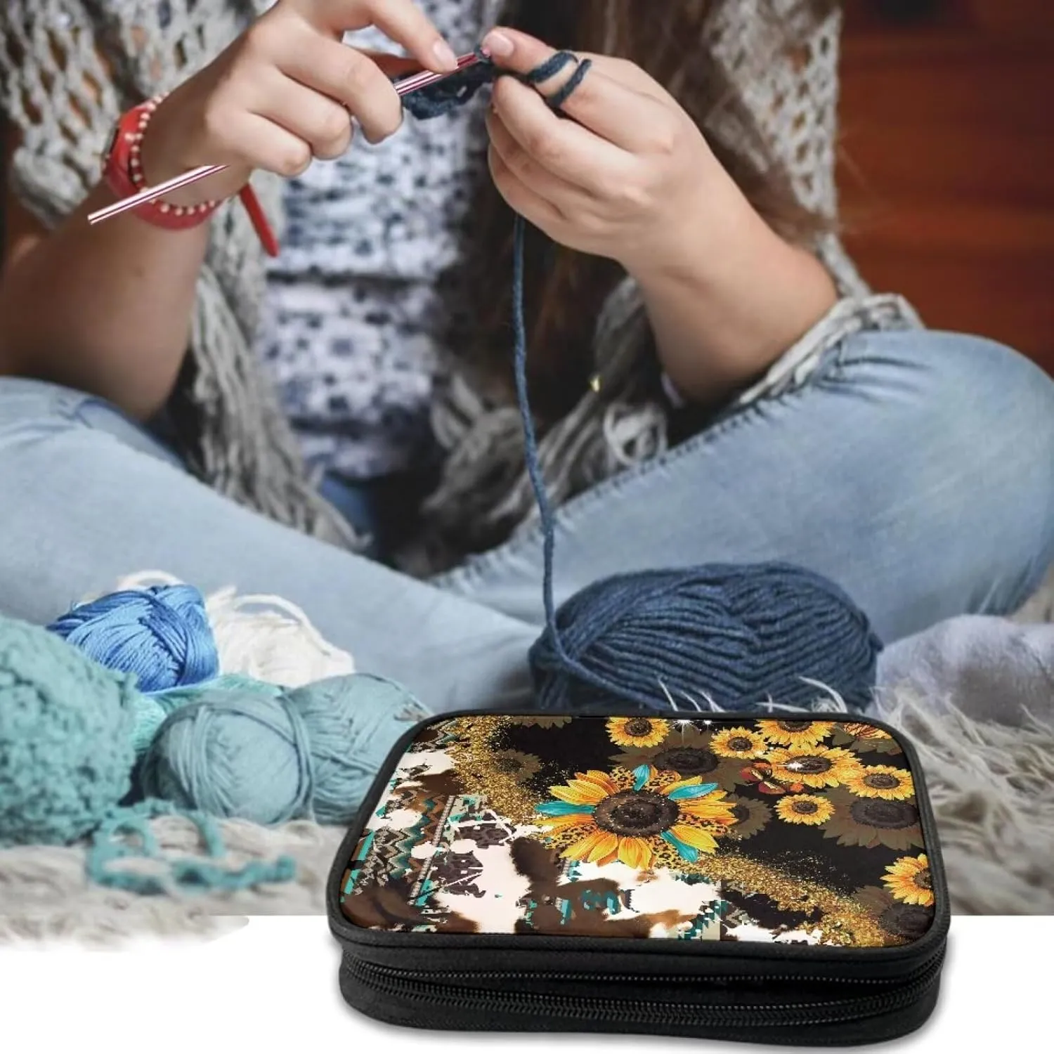 Noprintge Crochet Hook Organizer Empty, Sunflowers Tribal Cowhide Leopard Print Travel Crochet Needle Case, Portable Storage Zipper Bag for Crochet Needles Knitting Accessories