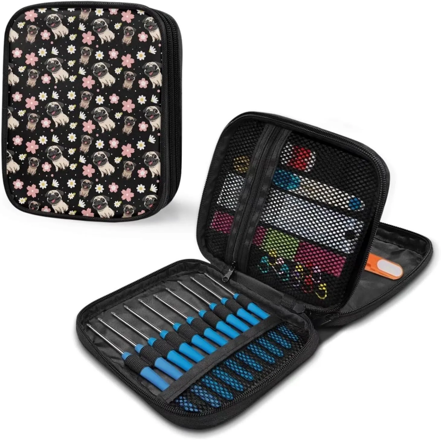 Noprintge Dogs Floret Pattern Knitting Needles Case Travel Crochet Hook Organizer Storage Bag for Circular and Straight Knitting Needles Crochet Hooks and Knitting Accessories