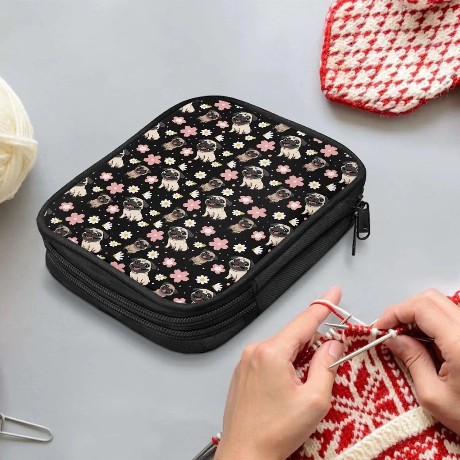 Noprintge Dogs Floret Pattern Knitting Needles Case Travel Crochet Hook Organizer Storage Bag for Circular and Straight Knitting Needles Crochet Hooks and Knitting Accessories