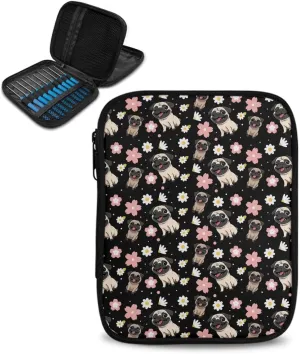 Noprintge Dogs Floret Pattern Knitting Needles Case Travel Crochet Hook Organizer Storage Bag for Circular and Straight Knitting Needles Crochet Hooks and Knitting Accessories