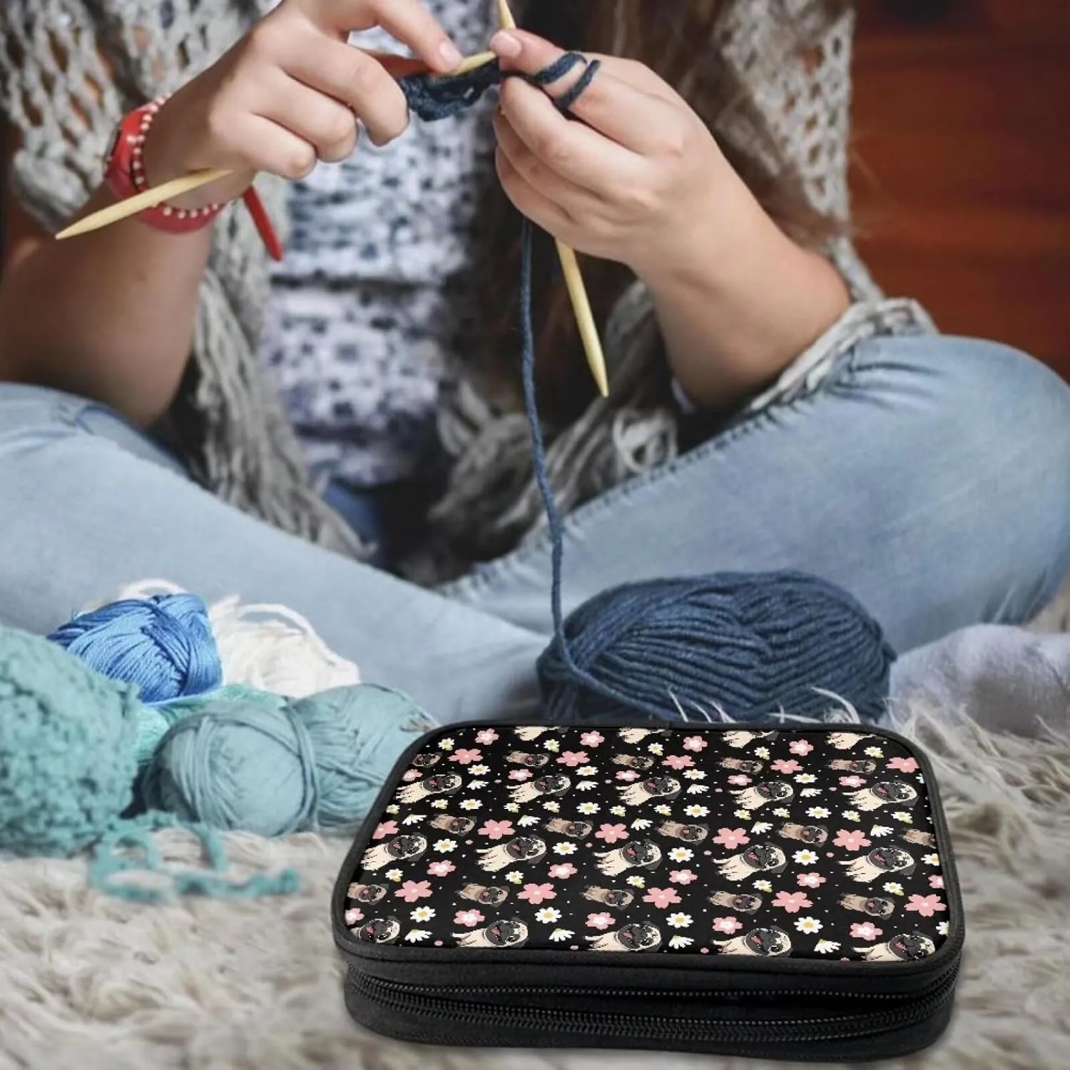 Noprintge Dogs Floret Pattern Knitting Needles Case Travel Crochet Hook Organizer Storage Bag for Circular and Straight Knitting Needles Crochet Hooks and Knitting Accessories