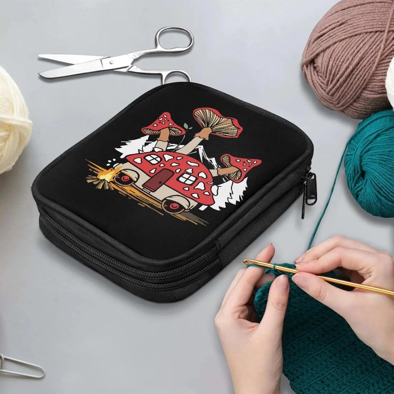 Noprintge Mushroom Car Print Crochet Hook Organizer Case, Square Knitting Needle Storage Bag, Travel Organizer Bag for Crochet Hook and Knitting Accessories (No Accessories Included)