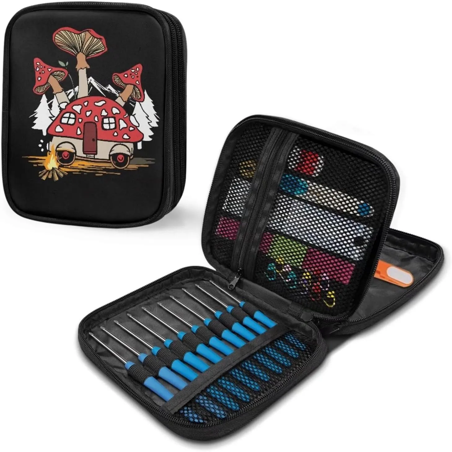 Noprintge Mushroom Car Print Crochet Hook Organizer Case, Square Knitting Needle Storage Bag, Travel Organizer Bag for Crochet Hook and Knitting Accessories (No Accessories Included)