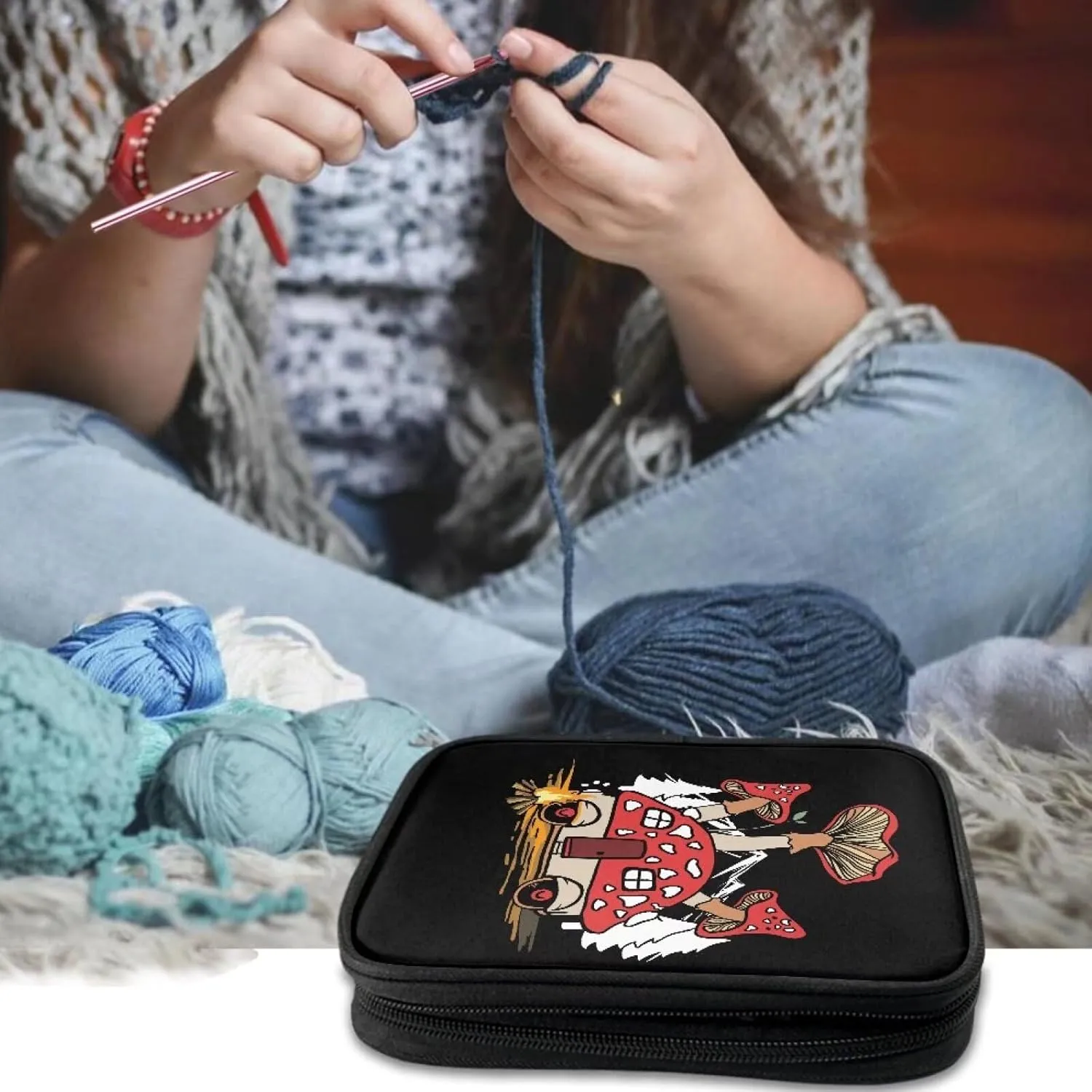 Noprintge Mushroom Car Print Crochet Hook Organizer Case, Square Knitting Needle Storage Bag, Travel Organizer Bag for Crochet Hook and Knitting Accessories (No Accessories Included)