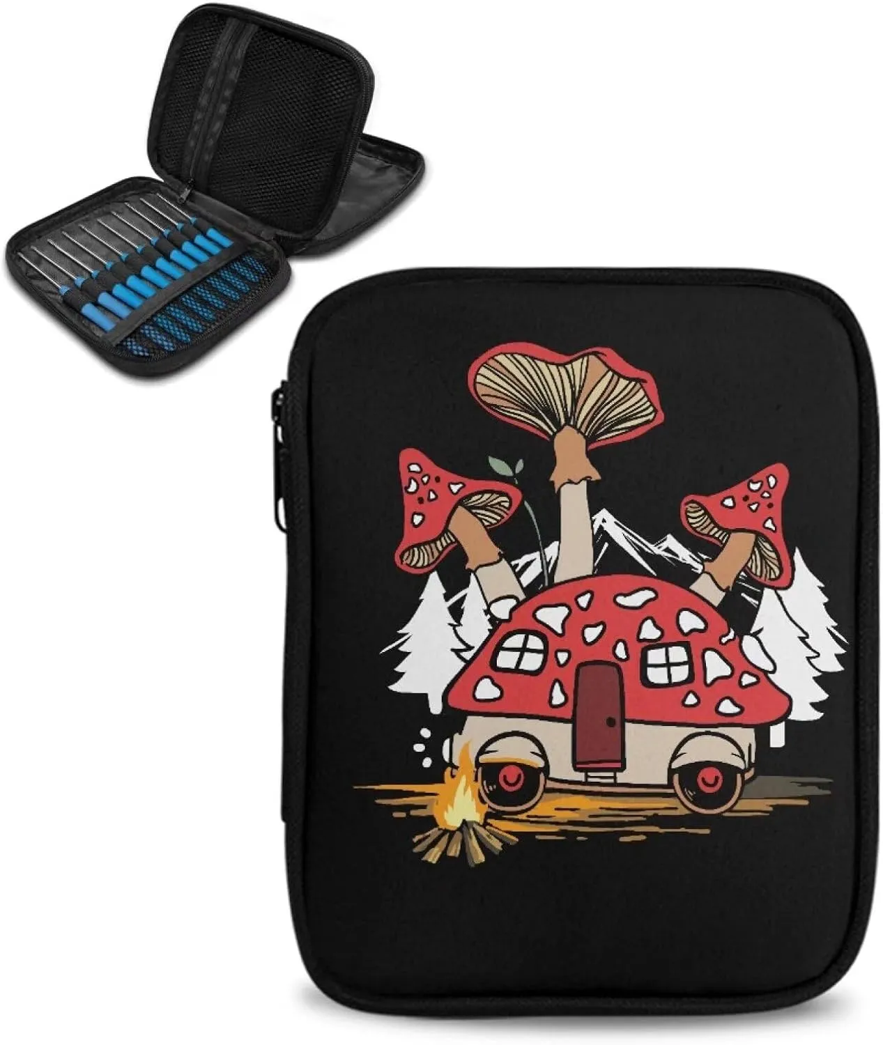 Noprintge Mushroom Car Print Crochet Hook Organizer Case, Square Knitting Needle Storage Bag, Travel Organizer Bag for Crochet Hook and Knitting Accessories (No Accessories Included)