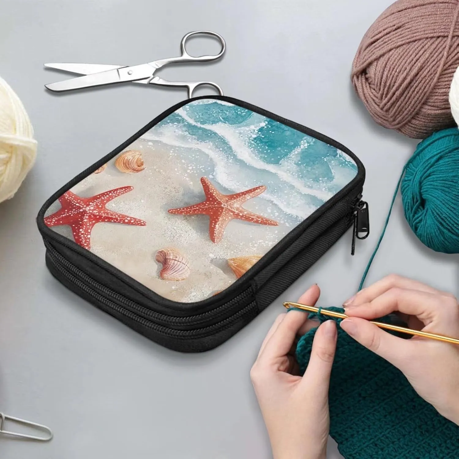 Noprintge Seaside Beach Starfish Print Crochet Hook Organizer Case, Square Knitting Needle Storage Bag, Travel Organizer Bag for Crochet Hook and Knitting Accessories (No Accessories Included)
