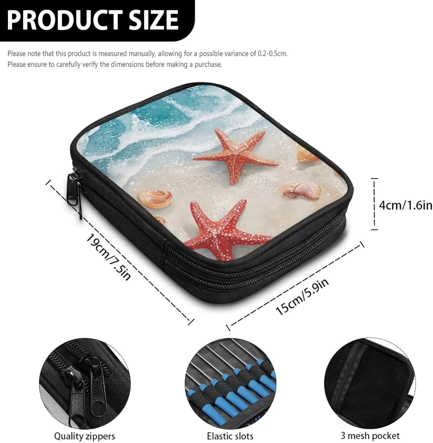 Noprintge Seaside Beach Starfish Print Crochet Hook Organizer Case, Square Knitting Needle Storage Bag, Travel Organizer Bag for Crochet Hook and Knitting Accessories (No Accessories Included)