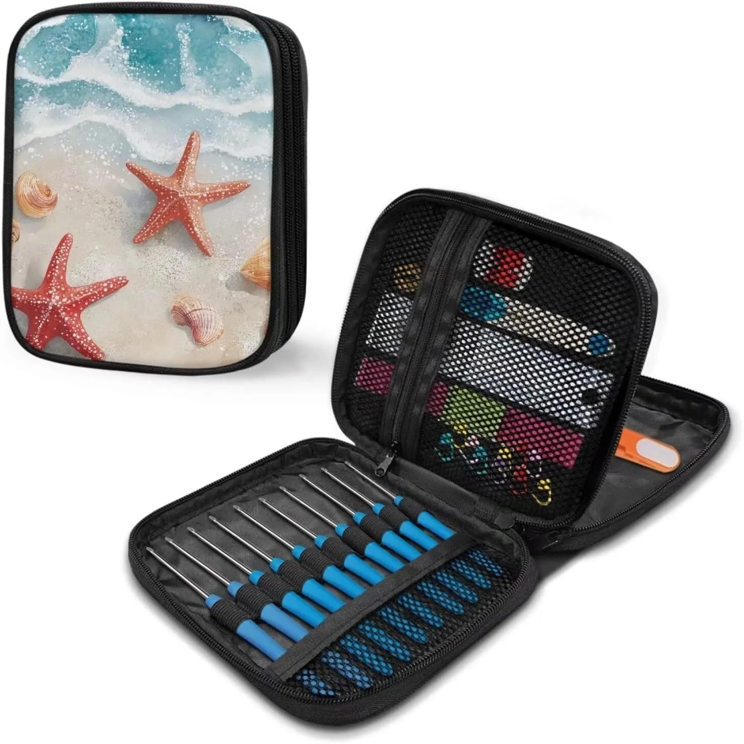 Noprintge Seaside Beach Starfish Print Crochet Hook Organizer Case, Square Knitting Needle Storage Bag, Travel Organizer Bag for Crochet Hook and Knitting Accessories (No Accessories Included)
