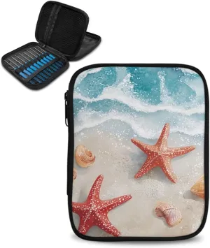 Noprintge Seaside Beach Starfish Print Crochet Hook Organizer Case, Square Knitting Needle Storage Bag, Travel Organizer Bag for Crochet Hook and Knitting Accessories (No Accessories Included)